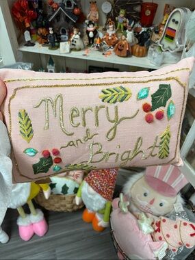 Creative Co-Op Pink Merry and Bright Embroidered Holiday Pillow